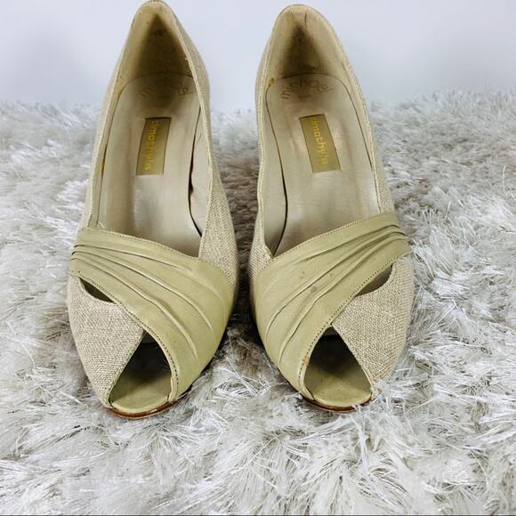 Vintage Linen Peep Toe Pumps Beige Sz 9 - Picture 6 of 7